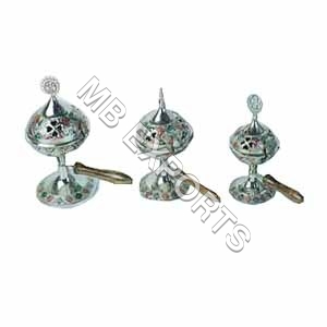 Silver Meena Incense Stand With Wooden Handle