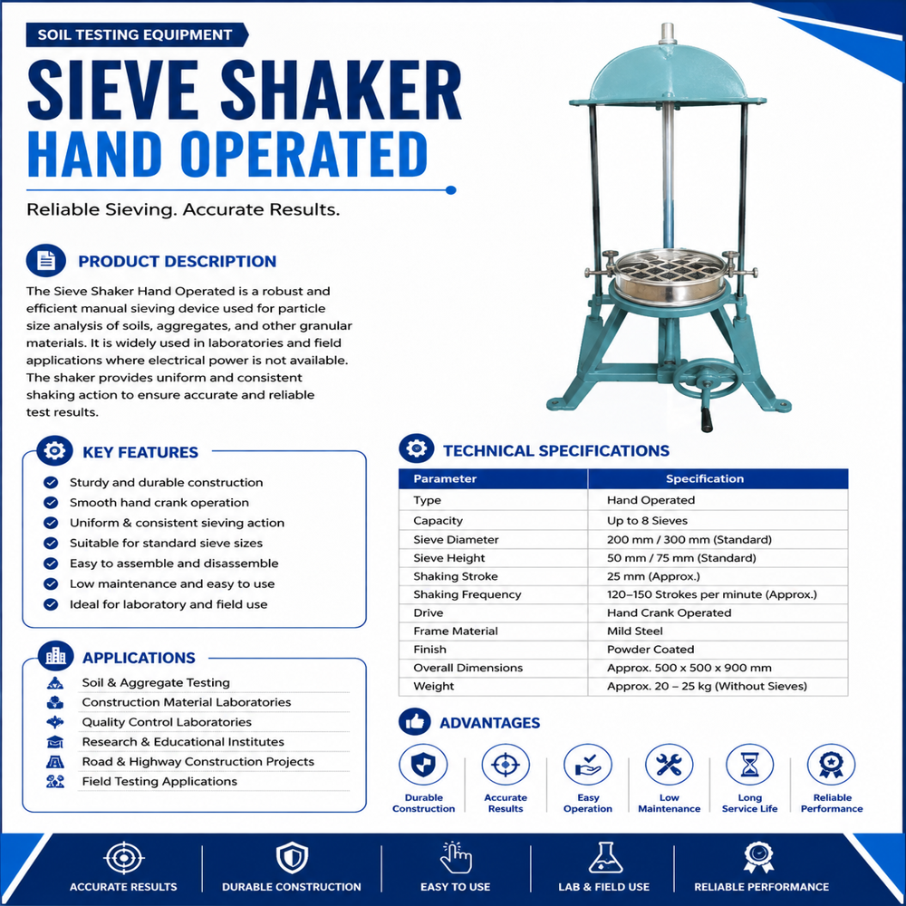 200MM Sieve Shaker Hand Operated - MS Powder Coated Steel, 200mm, Up to 1400 RPM | Manual Crank, Gyratory Motion, 6 Sieves Capacity