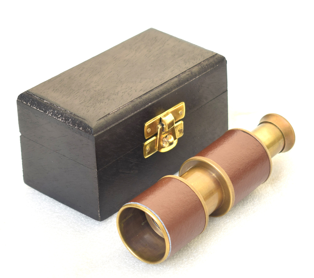 Mini Antique Brass Nautical Spyglass Telescope with Wooden Box | Pocket Pirate Marine Scope | 12 cm Vintage Gift