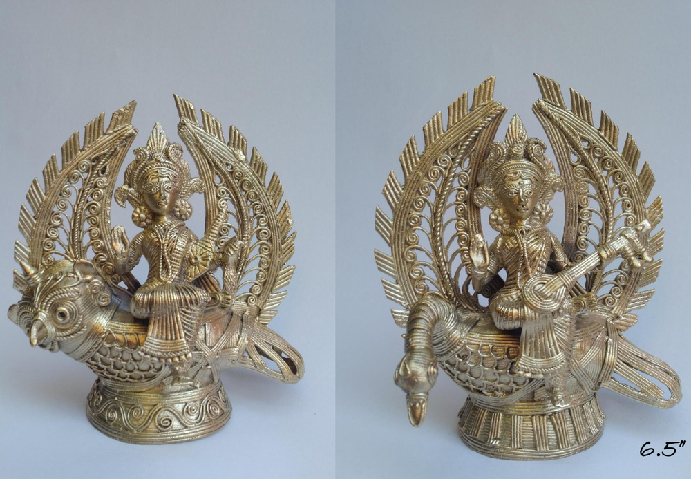 6.5 Inch Laxmi And Saraswati Ji Sitting On Owl And Swan Statue