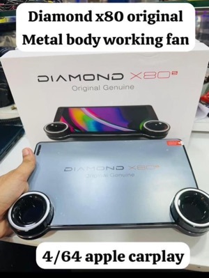 Diamond X80S car stereo featuring a metal body, a working cooling fan, and 4GB RAM with 64GB storage, supporting Apple CarPlay.