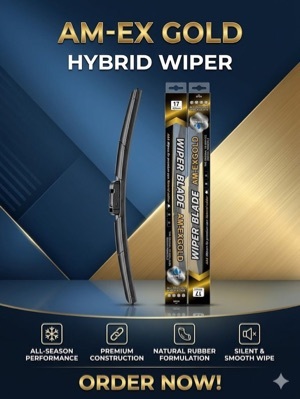 AM-EX Gold hybrid wiper blade, designed for all-season performance using a natural rubber formulation.