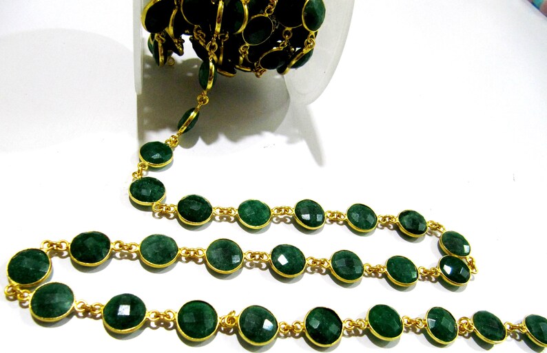 Emerald Round coin 10mm Briolette Faceted Bezel Connector Chain Handmade Bezel Chain