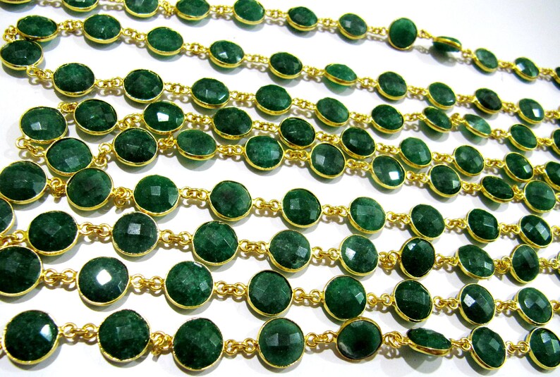 Emerald Round coin 10mm Briolette Faceted Bezel Connector Chain Handmade Bezel Chain