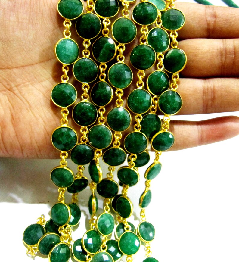 Emerald Round coin 10mm Briolette Faceted Bezel Connector Chain Handmade Bezel Chain
