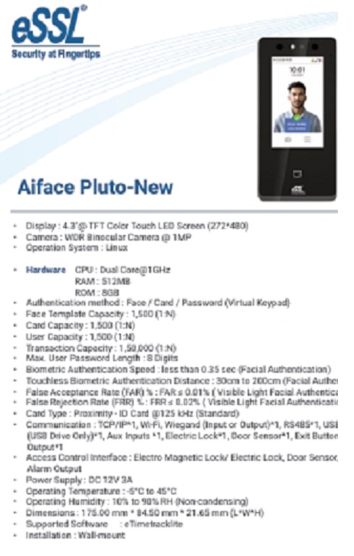 Ai Face Time Attendance System Ai Face Pluto - Battery Backup: Optional Battery Backup