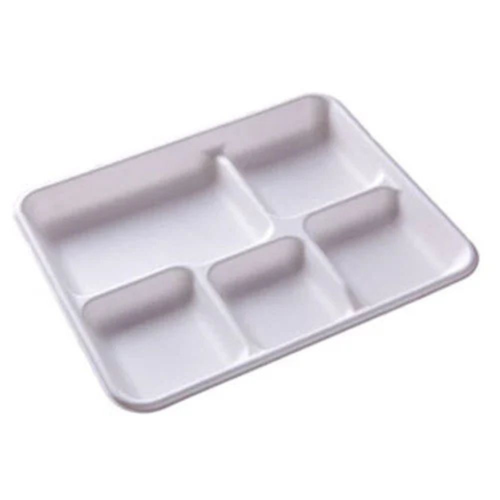 Reusable Plastic Mess Tray Plate With 4/5 Compartments For Food Serving - Color: White