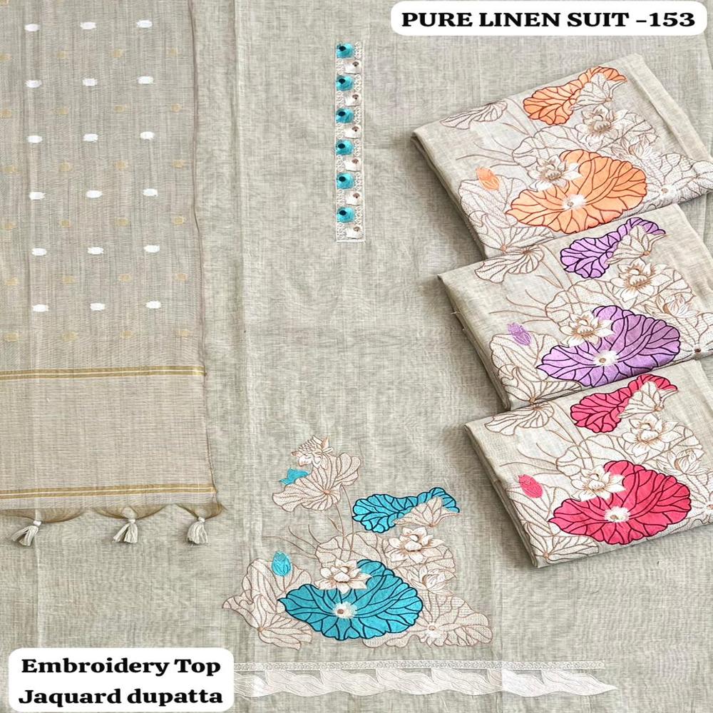 Premium Pure Linen 3 Piece Unstitched Suit With Embroidery Top & Jacquard Dupatta Floral Designer Set - Color: Firozi