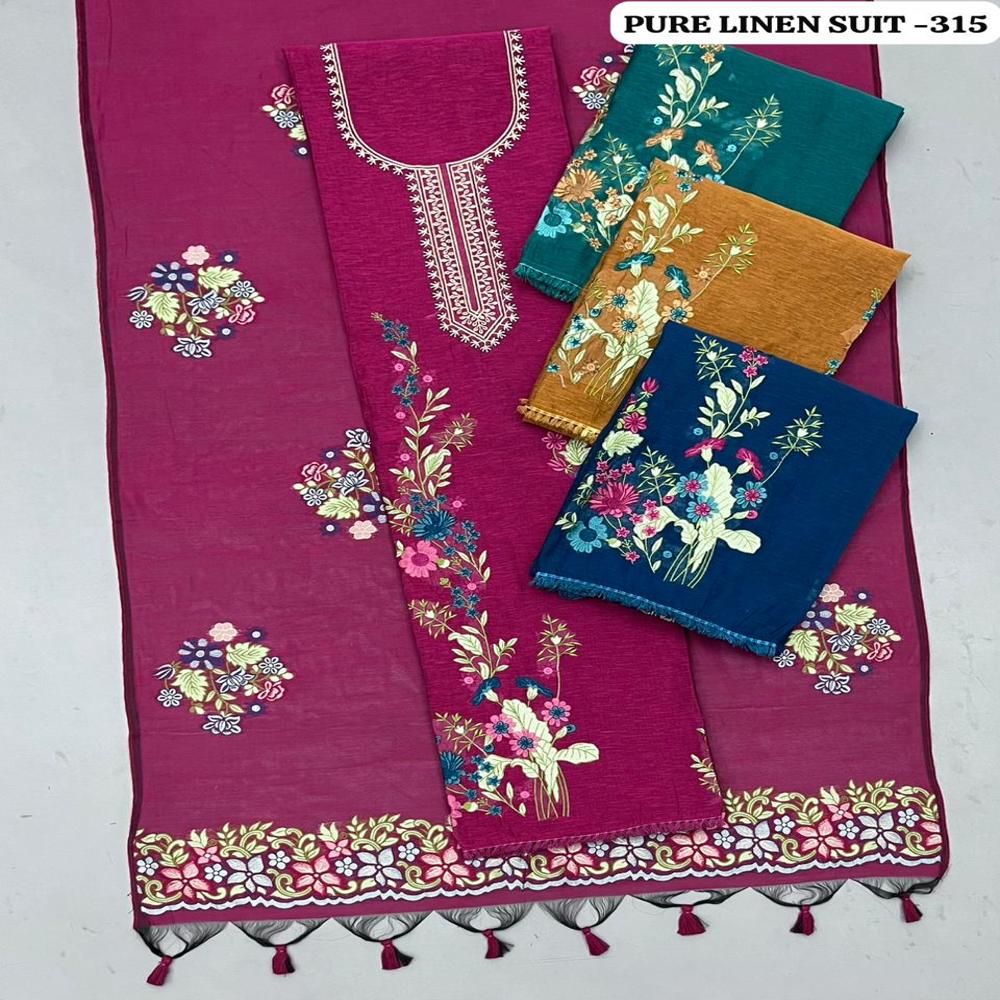 Premium Pure Linen 3 Piece Unstitched Suit With Embroidered Neck & Floral Dupatta  Smart Casual Collection - Color: Rani Pink