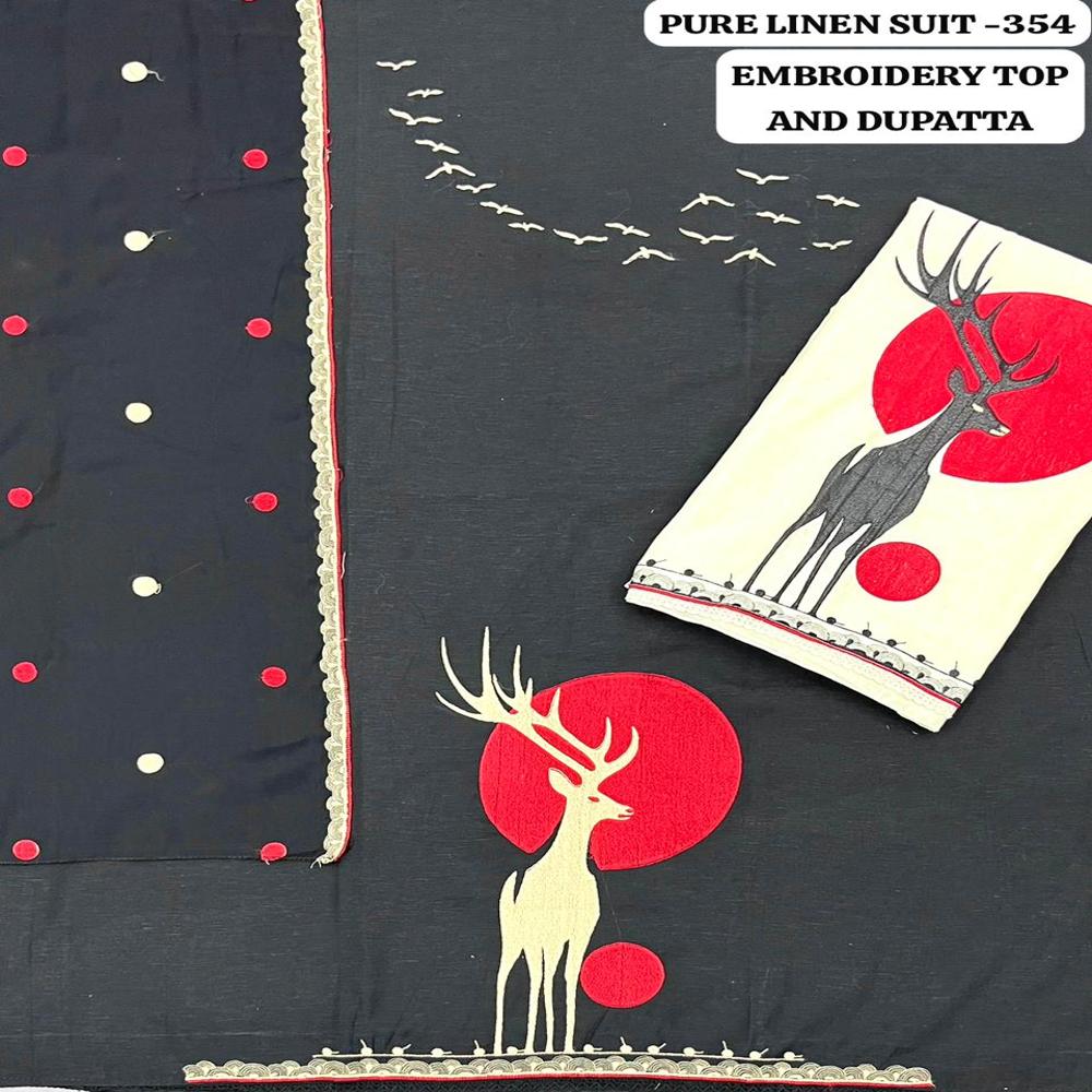 Premium Pure Linen 3 Piece Unstitched Suit With Embroidery Top & Designer Dupatta Deer Motif Collection - Color: Black