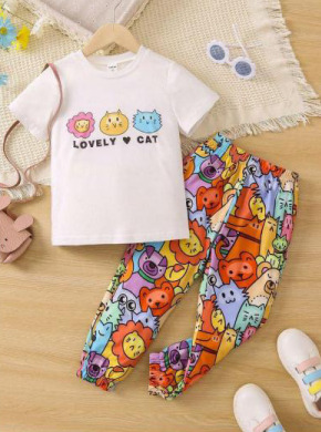 Lovely Cat Kids Girls Top Bottom Set