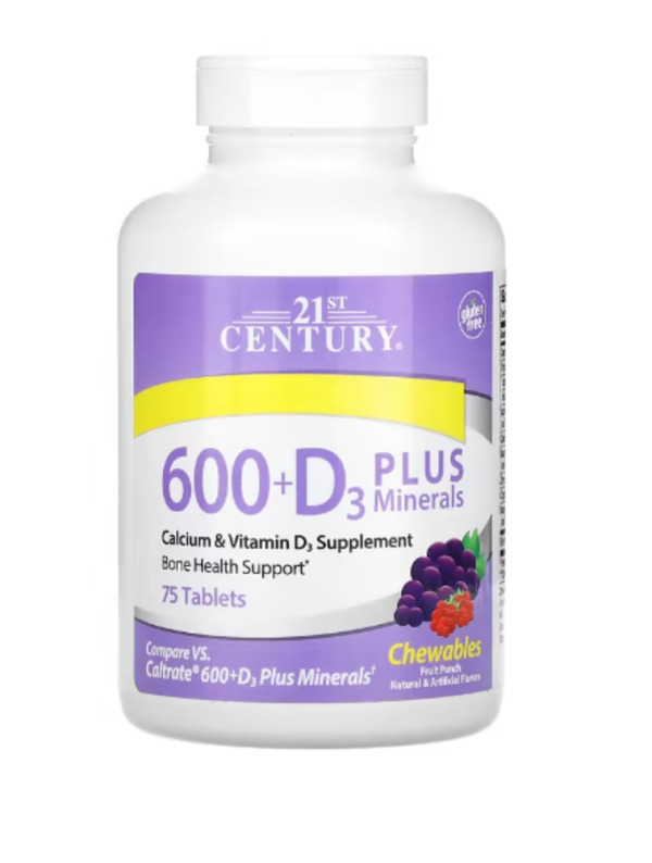21st Century, 600 + D3 Plus Minerals, Fruit Punch, 75 Chewable Tablets