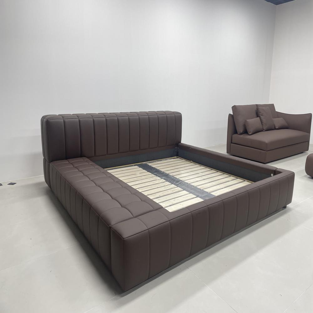 Modern Tufted Upholstered Platform Bed with L-Chaise Faux Leather Bed Frame