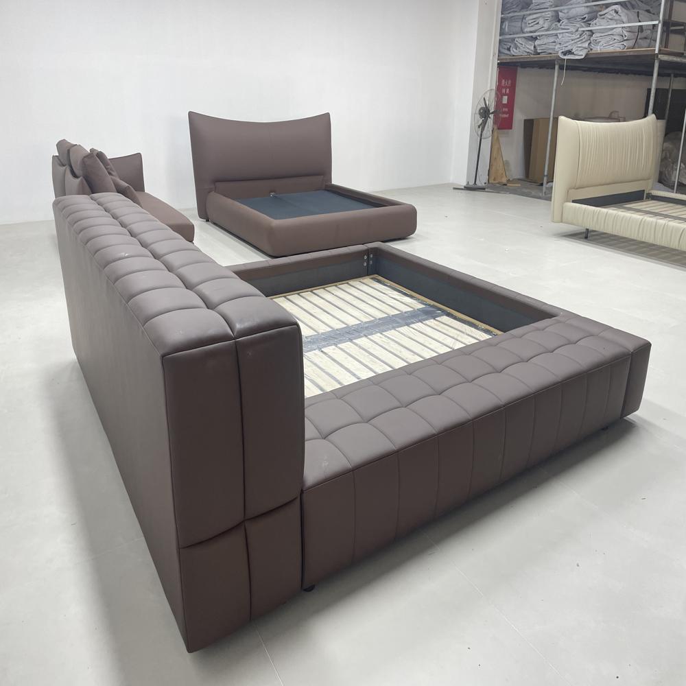 Modern Tufted Upholstered Platform Bed with L-Chaise Faux Leather Bed Frame
