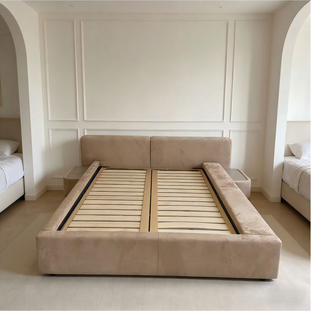 Luxury Curved Headboard Upholstered Bed with Nightstands, Velvet Platform Bed Frame