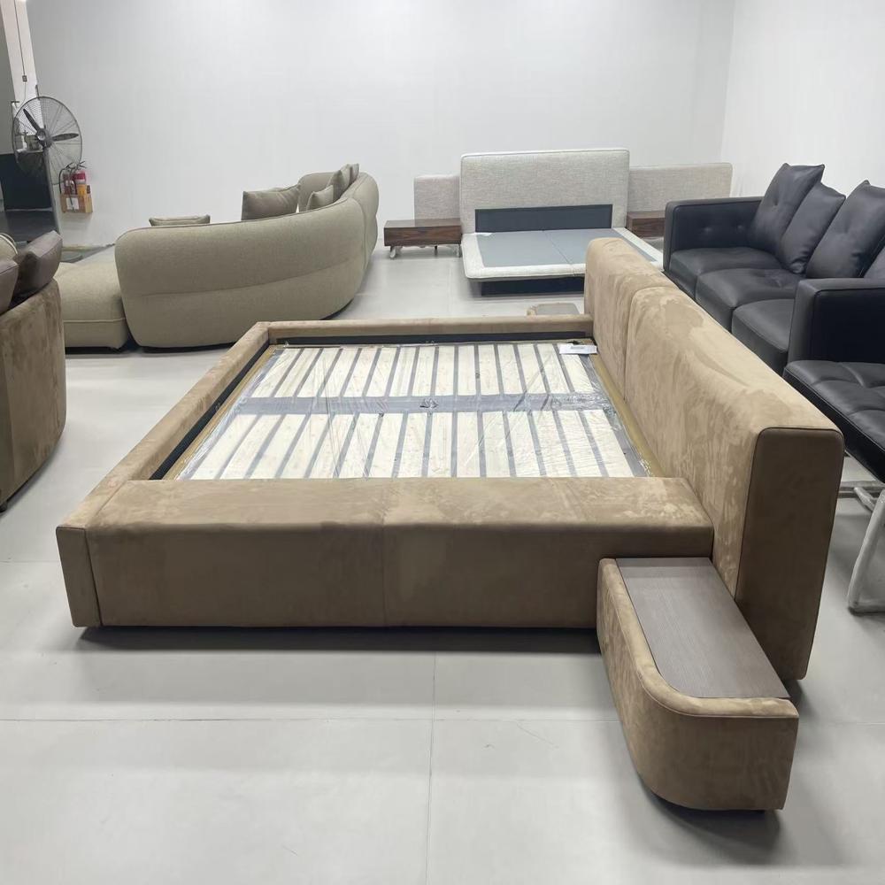 Luxury Curved Headboard Upholstered Bed with Nightstands, Velvet Platform Bed Frame