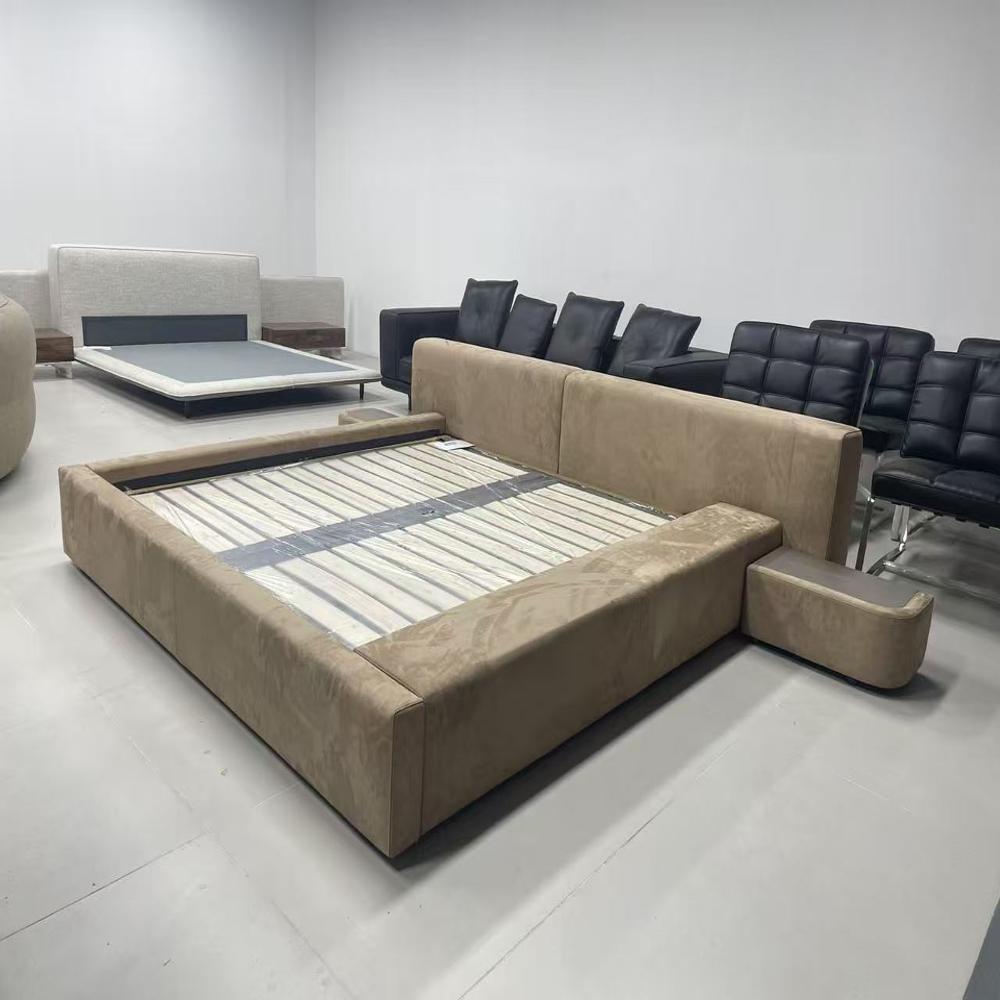 Luxury Curved Headboard Upholstered Bed with Nightstands, Velvet Platform Bed Frame