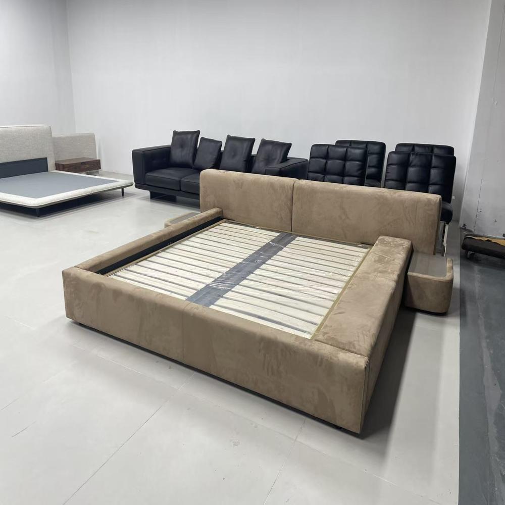 Luxury Curved Headboard Upholstered Bed with Nightstands, Velvet Platform Bed Frame