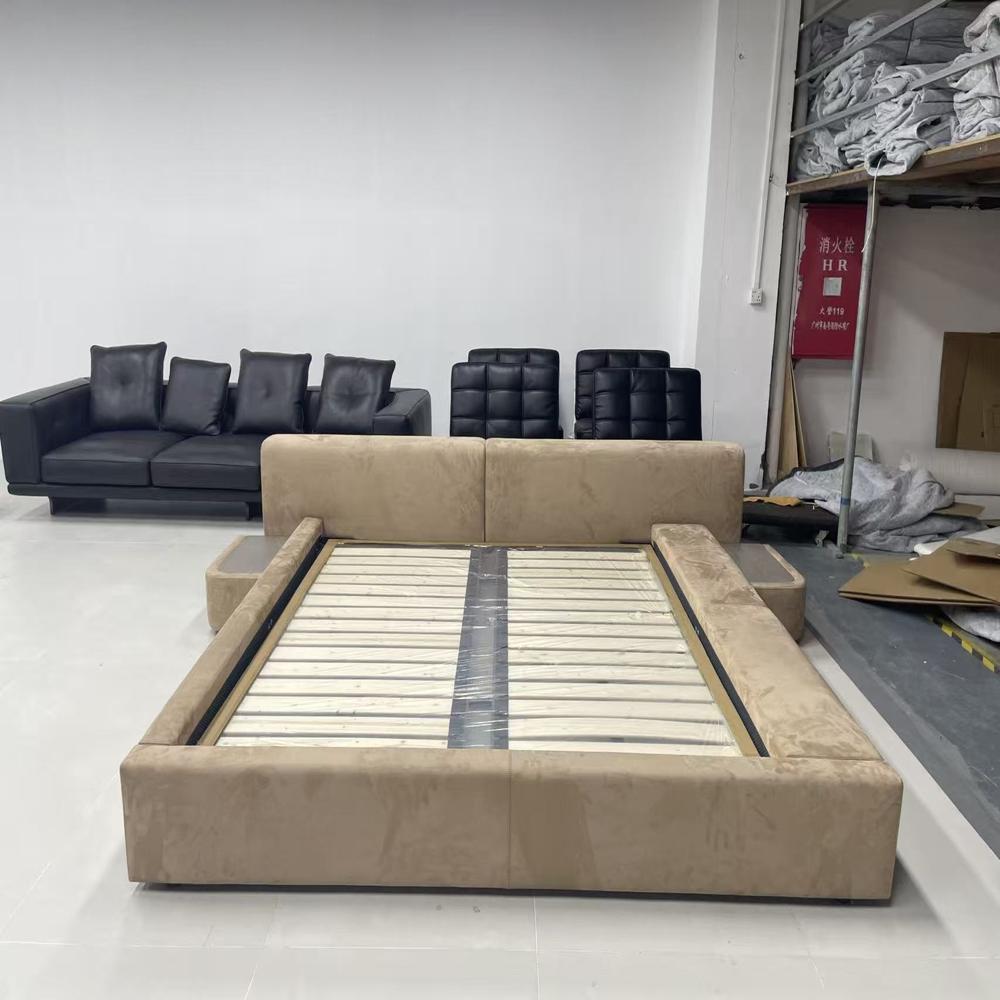 Luxury Curved Headboard Upholstered Bed with Nightstands, Velvet Platform Bed Frame