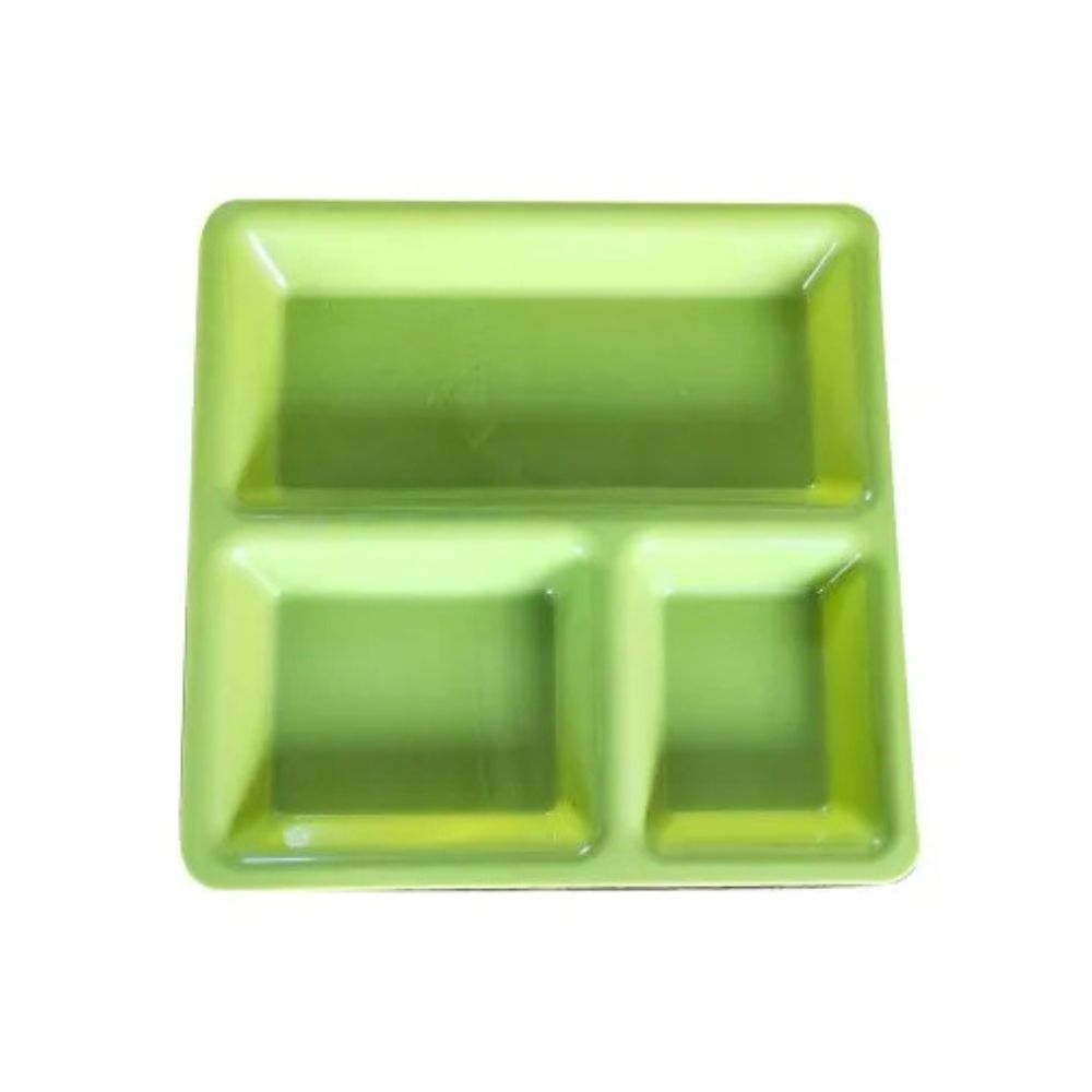 Plastic Mess Tray With Sections For Serving Rice, Dal, Sabzi And Roti In Cafeteria And Hostels - Color: Green