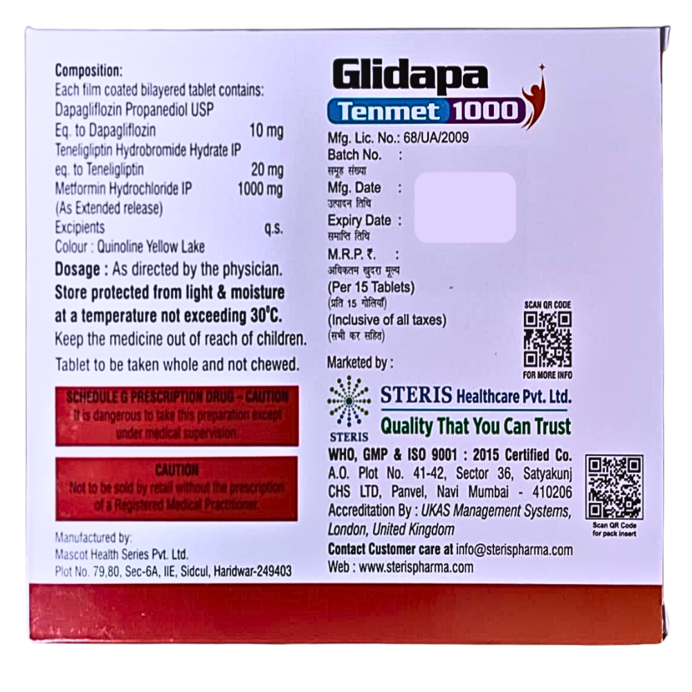 Dapagliflozin 10 mg,Teneligliptin 20 mg & Metformin Hydrochloride 1000 mg (Extended Release) Tablets