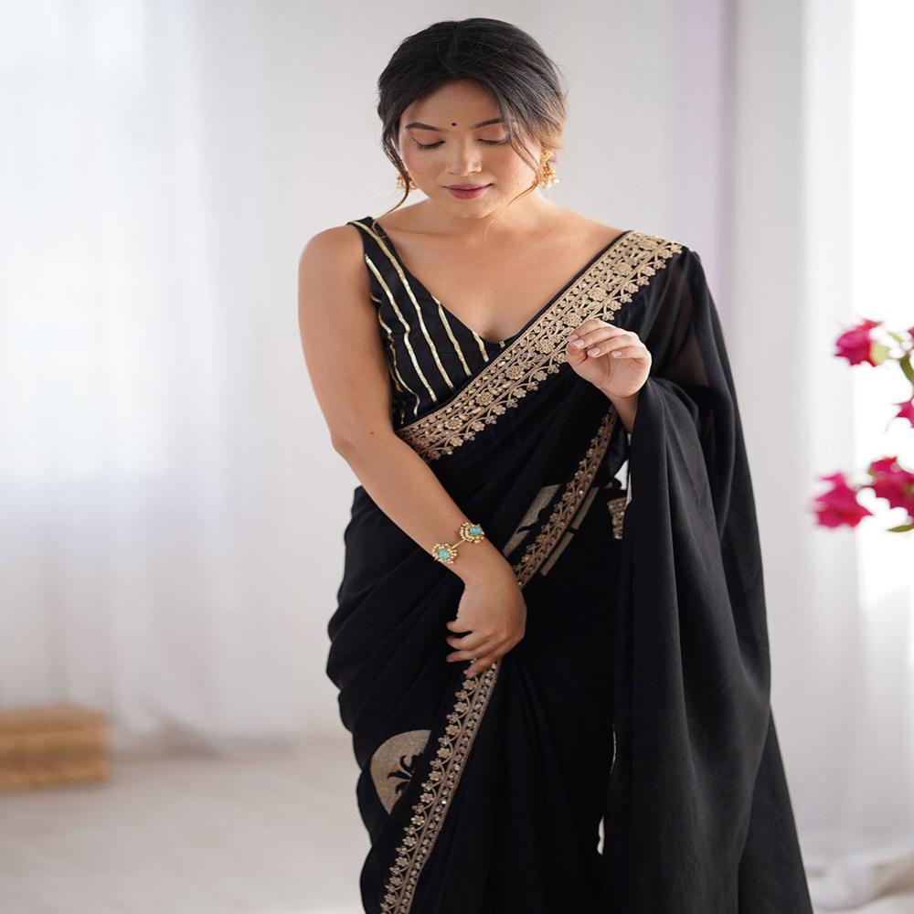 Black Palmy Saree - Decoration Material: Laces