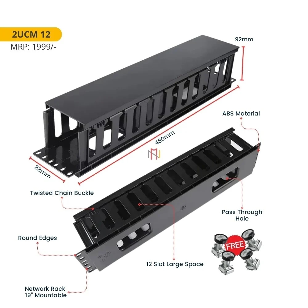2u Pvc Cable Manager - Durable Pvc, 19-inch Rack Mount, Black, Fire Retardant | Removable Slotted Front Plate, Multiple Cable Slots