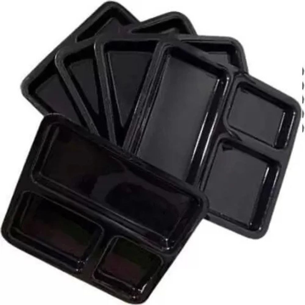 Plastic Food Tray Plate With Compartments For Students Lunch In Hostels, Schools And Colleges - Color: Black