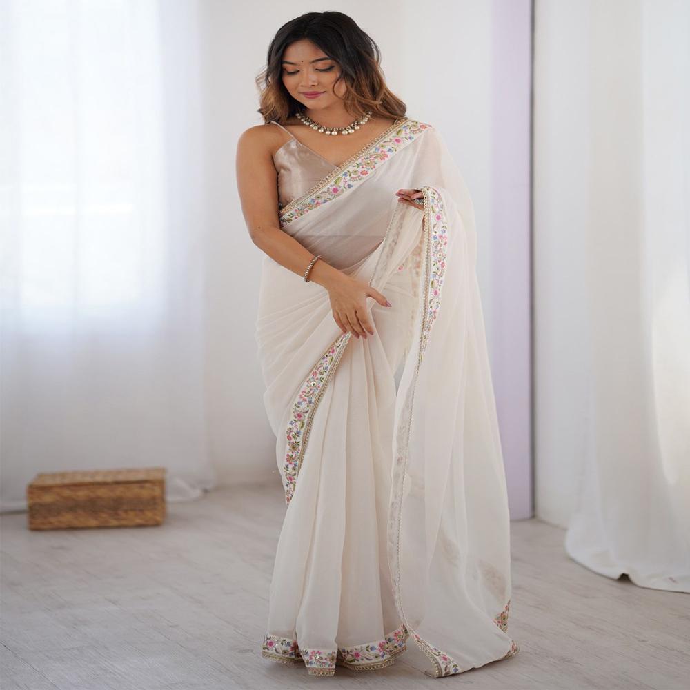 White Diamond Saree - Decoration Material: Laces