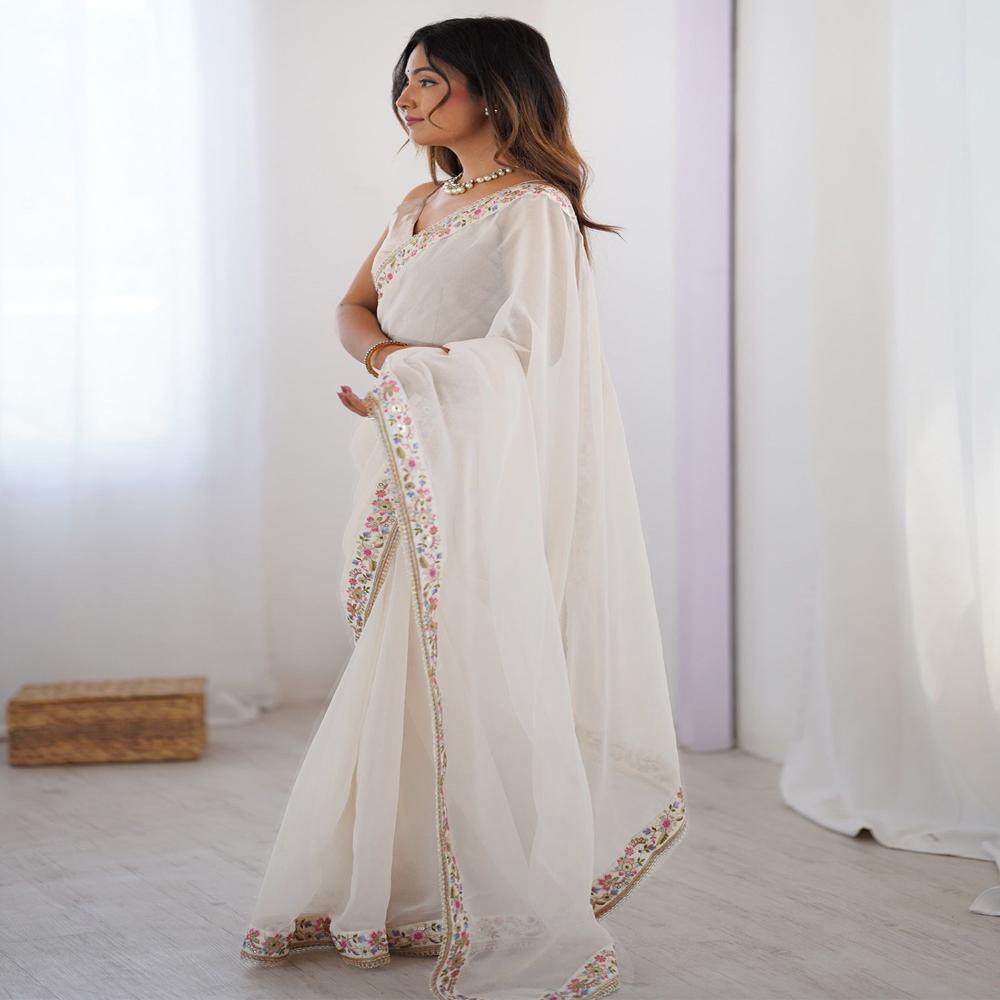 White Diamond Saree - Decoration Material: Laces