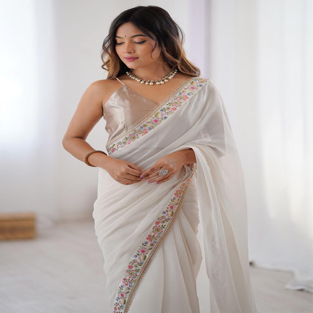 White Diamond Saree - Decoration Material: Laces