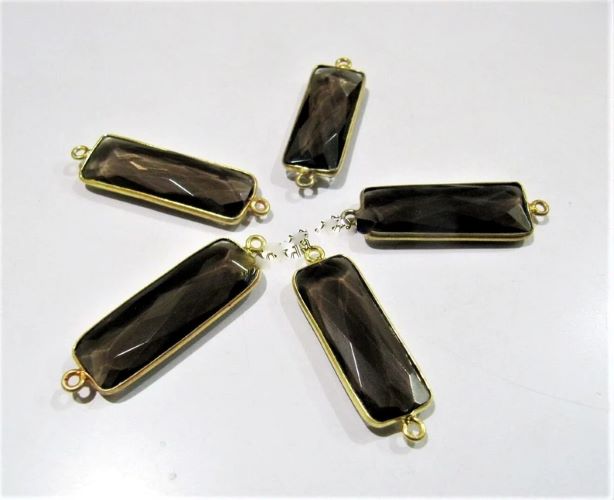 2 Pcs Set-Natural Smoky Quartz Baguette Shape 10X30mm Briolette Connectors 