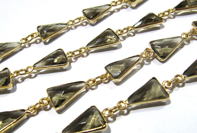 Natural Smoky Quartz Trillion Shape Briolette Faceted Bezel Connector Chain 10x13mm
