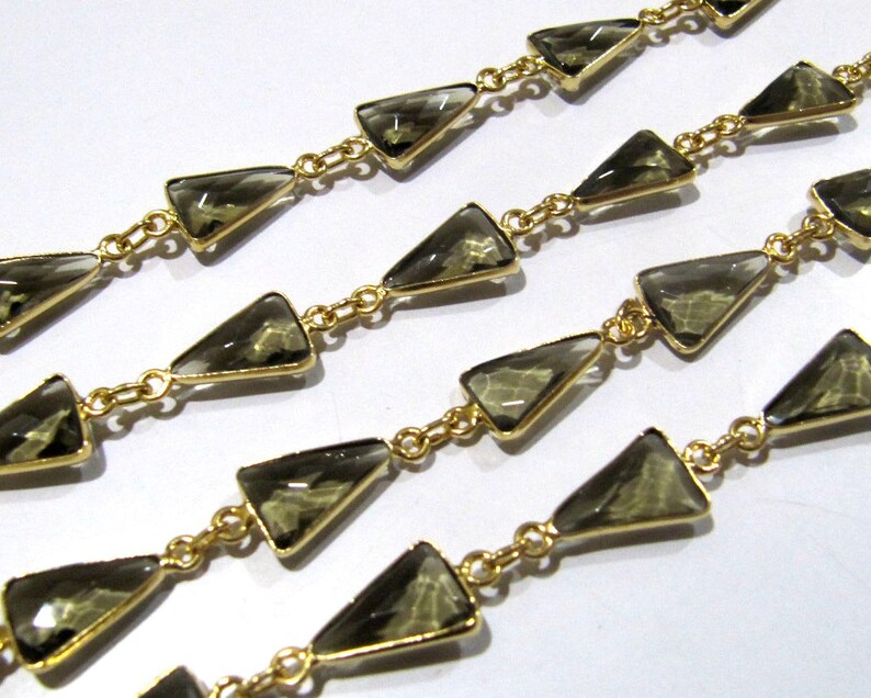 Natural Smoky Quartz Trillion Shape Briolette Faceted Bezel Connector Chain 10x13mm