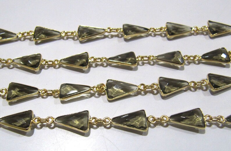 Natural Smoky Quartz Trillion Shape Briolette Faceted Bezel Connector Chain 10x13mm