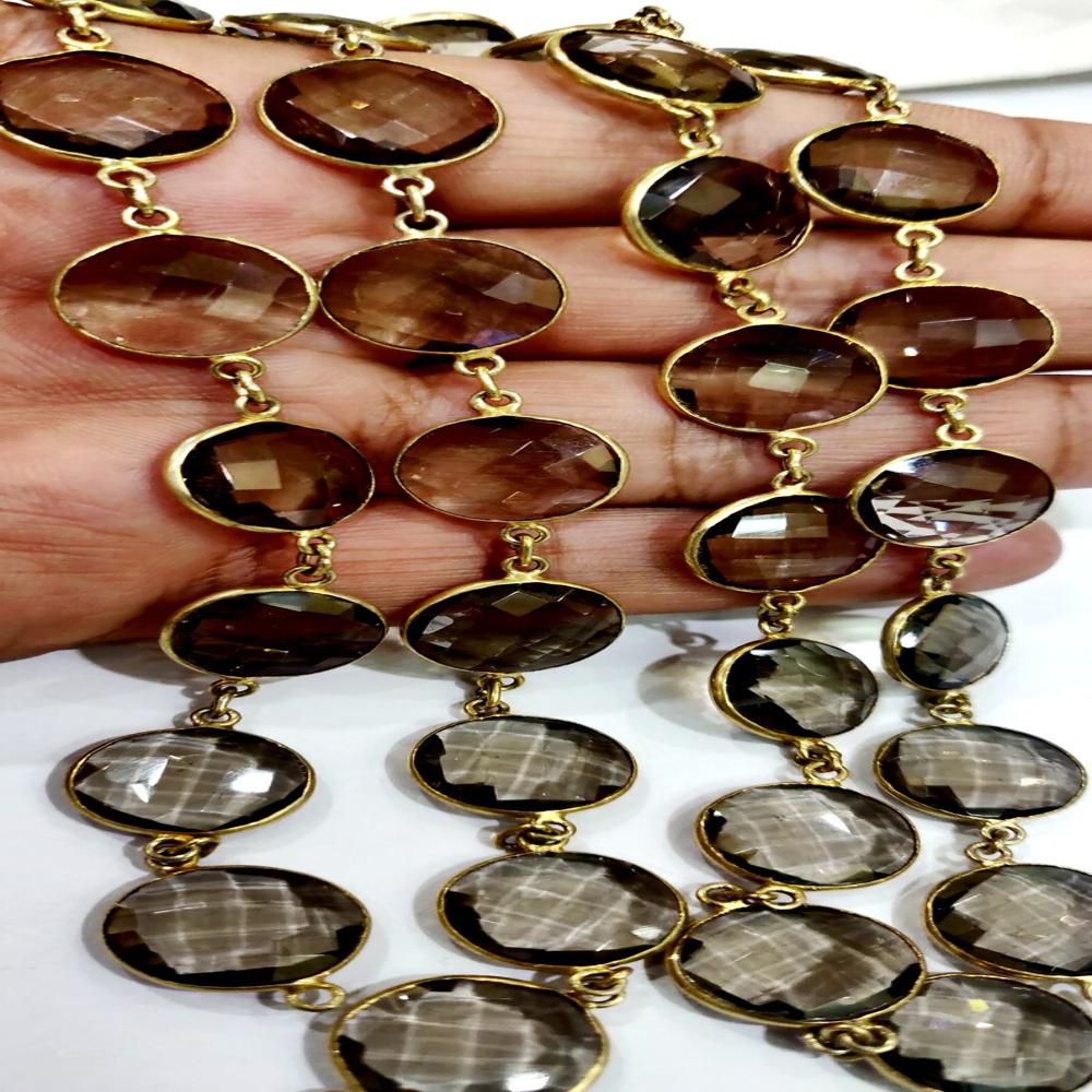 Natural Smoky Quartz Briolette Faceted Round Coin Shape 14mm to 15mm Bezel Connector Link Chain