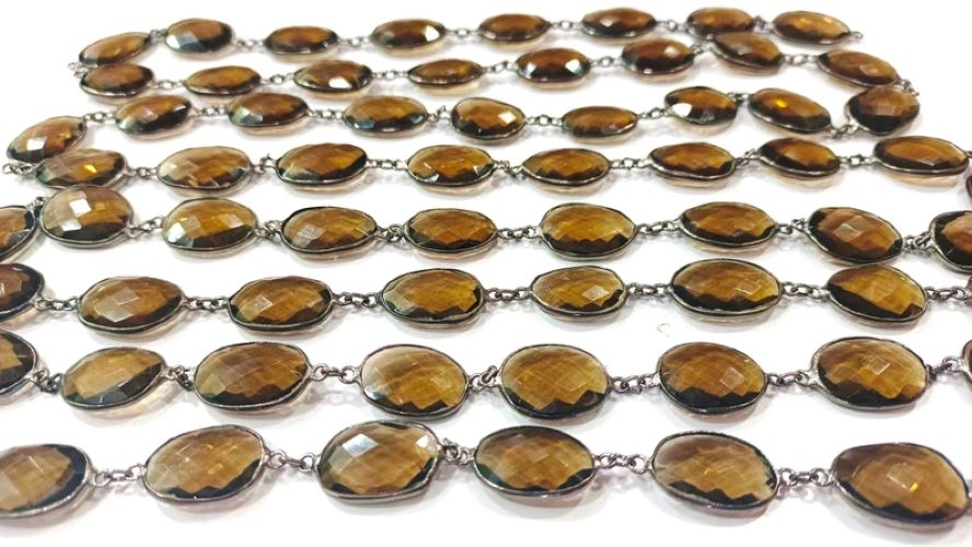 Natural Smoky Quartz Free Shape Briolette Faceted Bezal Connector Chain 12 to 15mm