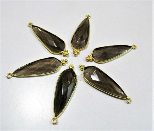 2 Pcs Set Natural Smoky Quartz Long Pear Shape 10x30mm Briolette Connectors