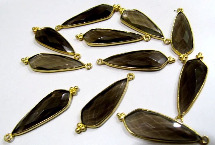 2 Pcs Set Natural Smoky Quartz Long Pear Shape 10x30mm Briolette Connectors