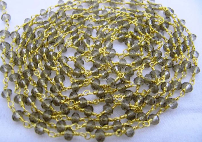 3 Feet- Smoky Quartz Rondelle Faceted Size 3mm Beaded Wire Wrapped Rosary Chain