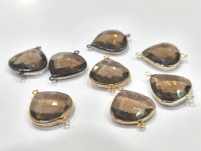 6 Pcs Set Natural Smoky Quartz Heart Shape 20mm Briolette Connectors Quartz