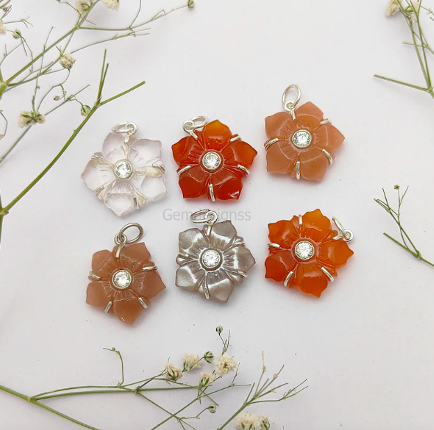 Rose Quartz Flower Carved Pendant