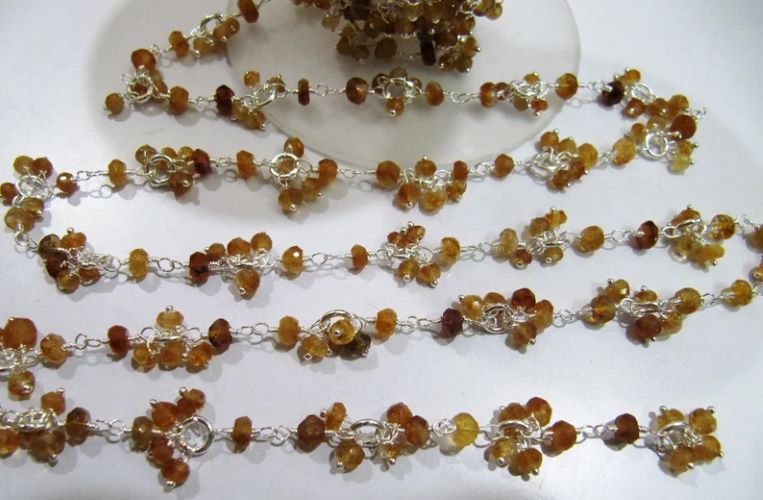Natural Hessonite Garnet Rondelle faceted Beaded Rosary Dangling Flower Chain