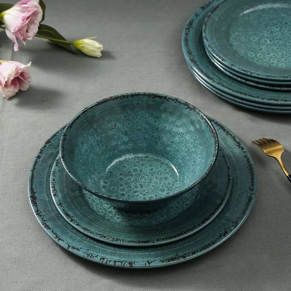 Kitchen Use Melamine Dinner Plates Set Lightweight Durable And Perfect For Daily Food Serving And Dining - Color: Dark Green