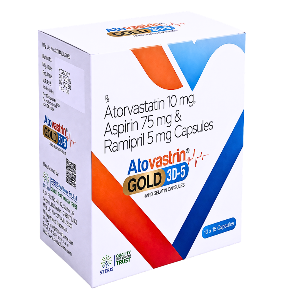 Atorvastatin 10 Mg, Aspirin 75 Mg & Ramipril 5 Mg Capsules - Brand Name: Atovastrin Gold 3d-5