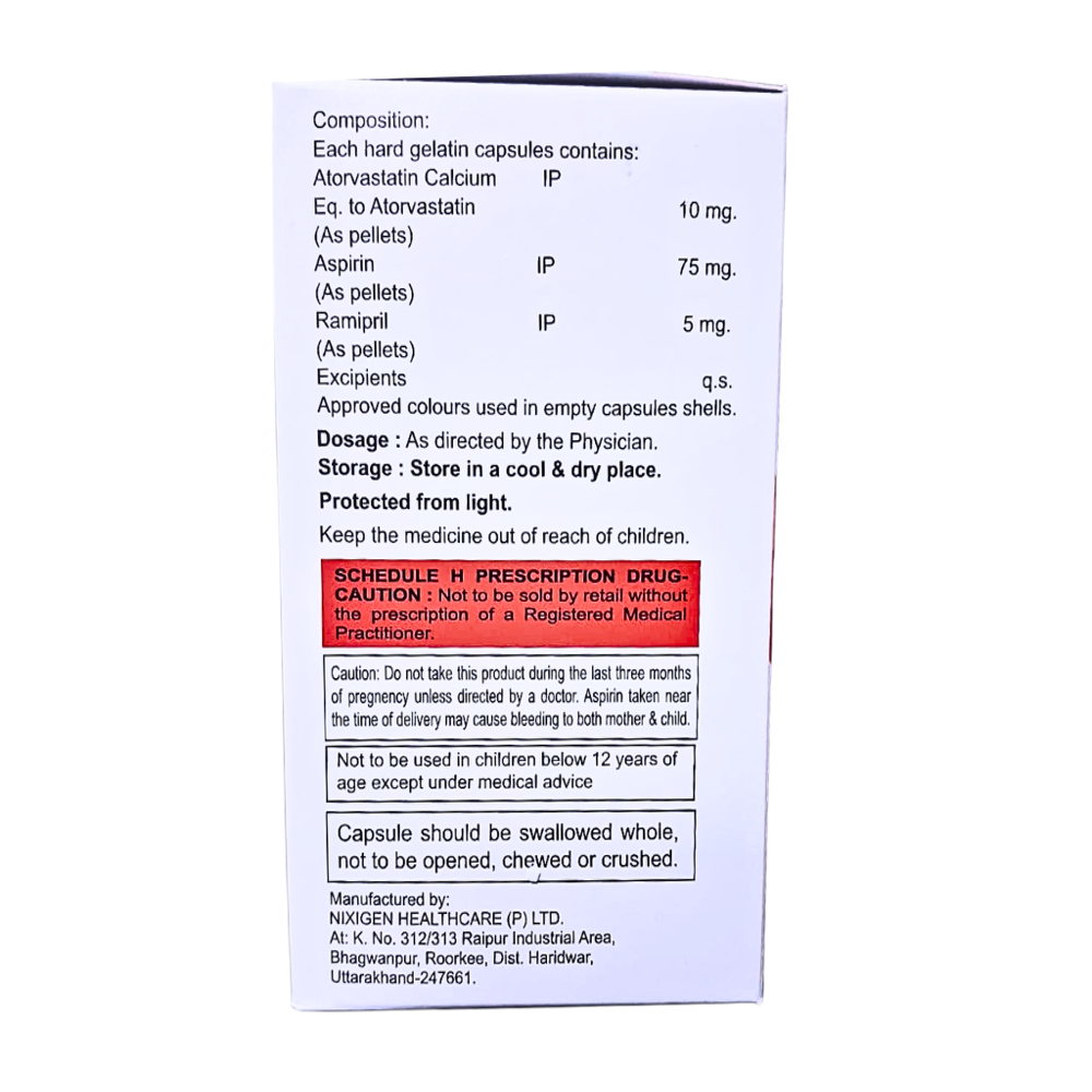 Atorvastatin 10 mg, Aspirin 75 mg & Ramipril 5 mg Capsules