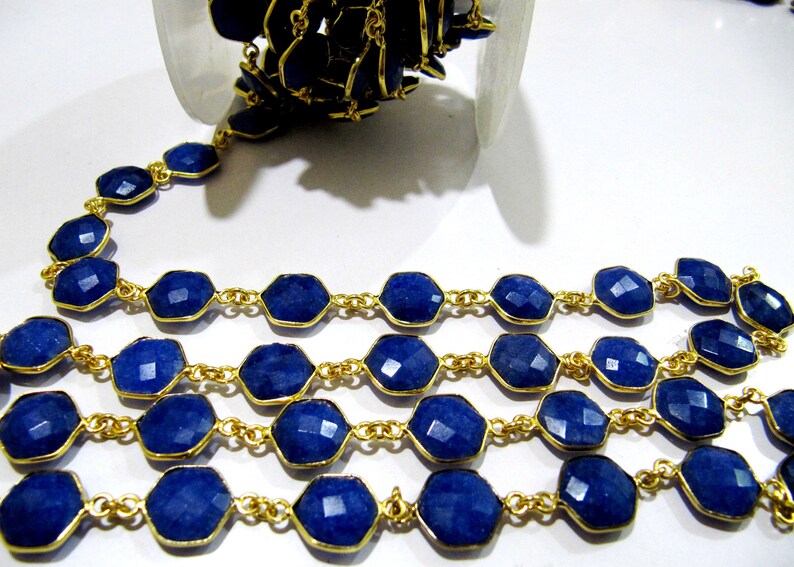 Dyed Blue Sapphire Hexagon Briolette Faceted Bezel Connector Chain 10mm Plated Sold Per Foot
