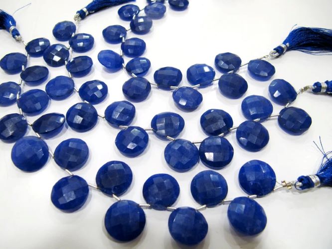Dyed Blue Sapphire Corundum Round Coin Shape Briolette Faceted Beads 15 mm Sapphire Sold per strand 8 inches long