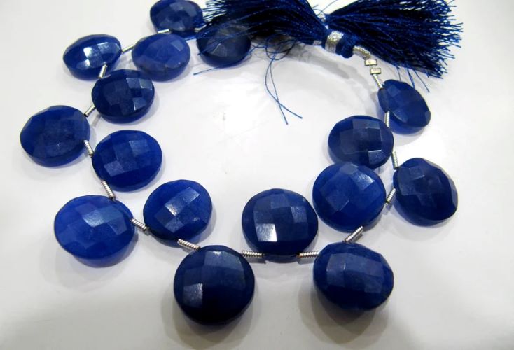 Dyed Blue Sapphire Corundum Round Coin Shape Briolette Faceted Beads 15 mm Sapphire Sold per strand 8 inches long
