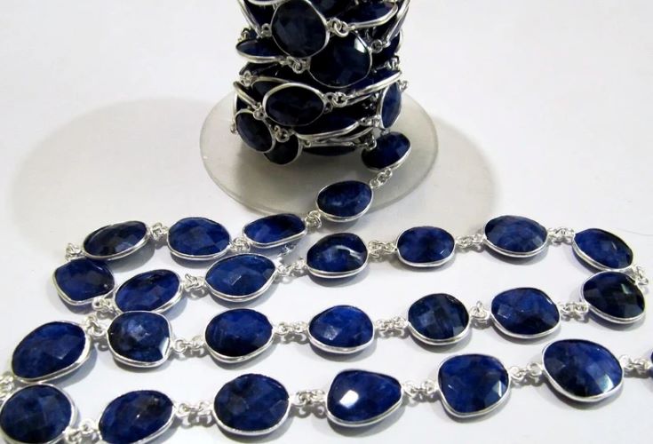 1 Foot- Blue Sapphire Briolette Connector Chain Size 12x15mm
